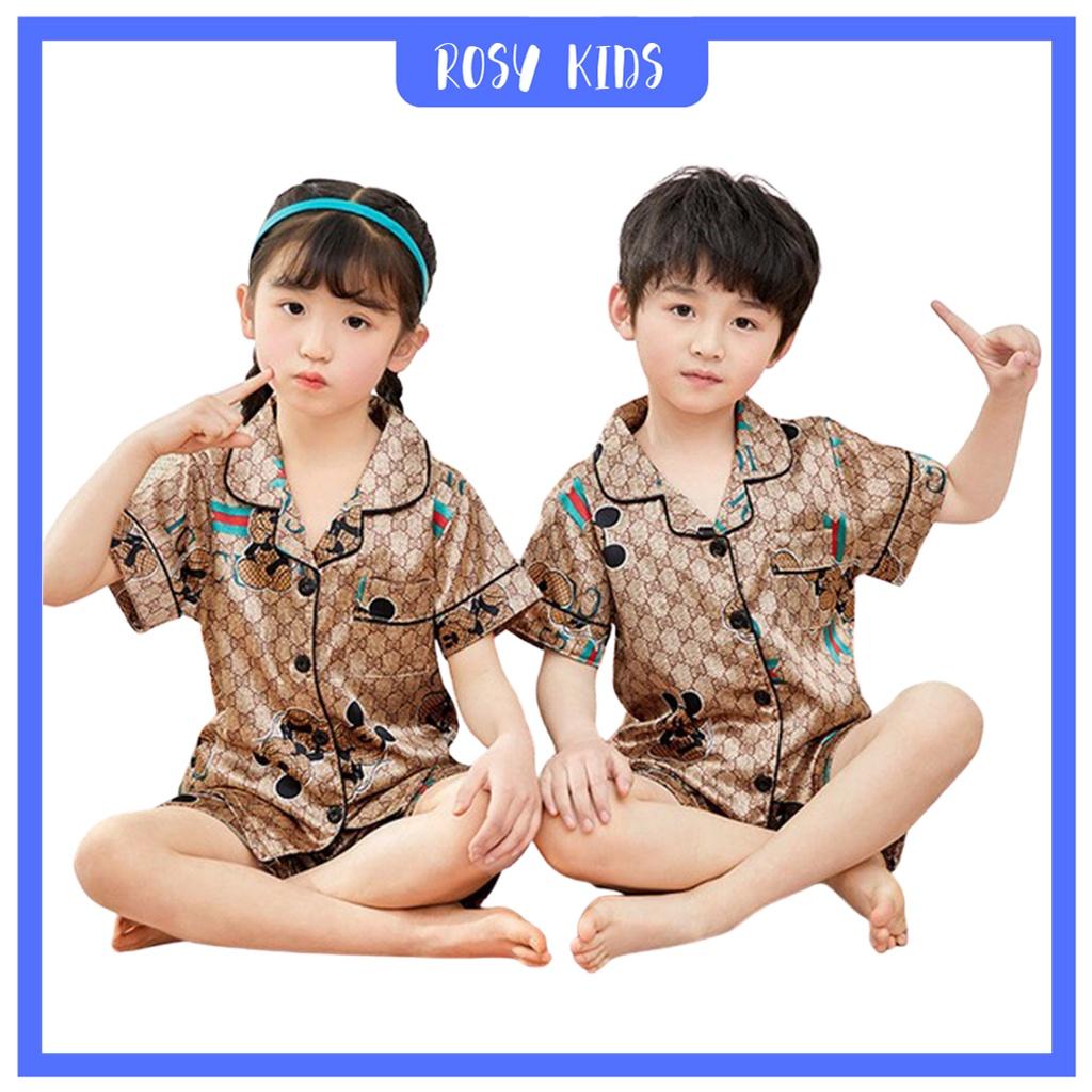 Bộ Pijama Cộc Tay In Họa Tiết Gu Xì Chất Lụa Cao Cấp Cho Bé Trai Và Bé Gái Từ 7 - 28kg - ROSY KIDS