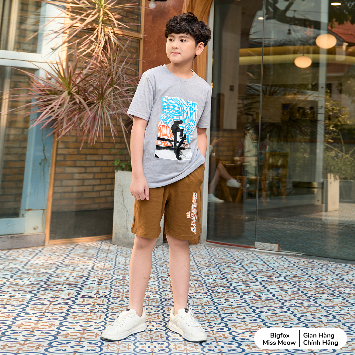 Đồ bộ quần áo thun cotton ngắn tay cho bé trai Bigfox mặc nhà mùa hè trượt ván Chill Out size đại 12-15 tuổi 40kg - 50kg