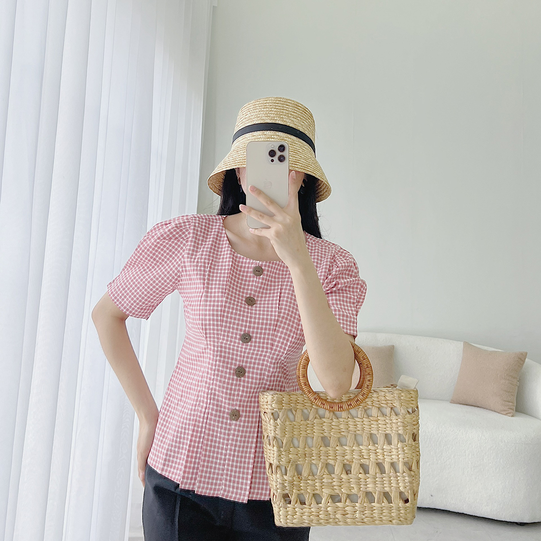 Áo kiểu nữ công sở thời trang Eden thiết kế cổ tròn xếp li eo chất liệu caro xốp Hàn Quốc không nhăn - ASM176