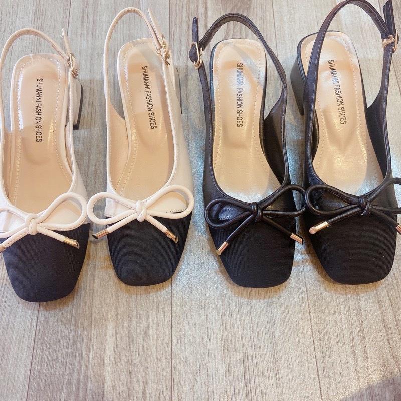 Giày sandal dáng slingback nữ mũi tròn đen phối nơ xinh xắn đế 3cm 2 màu đen trắng phong cách công sở nữ tính - Mã G55