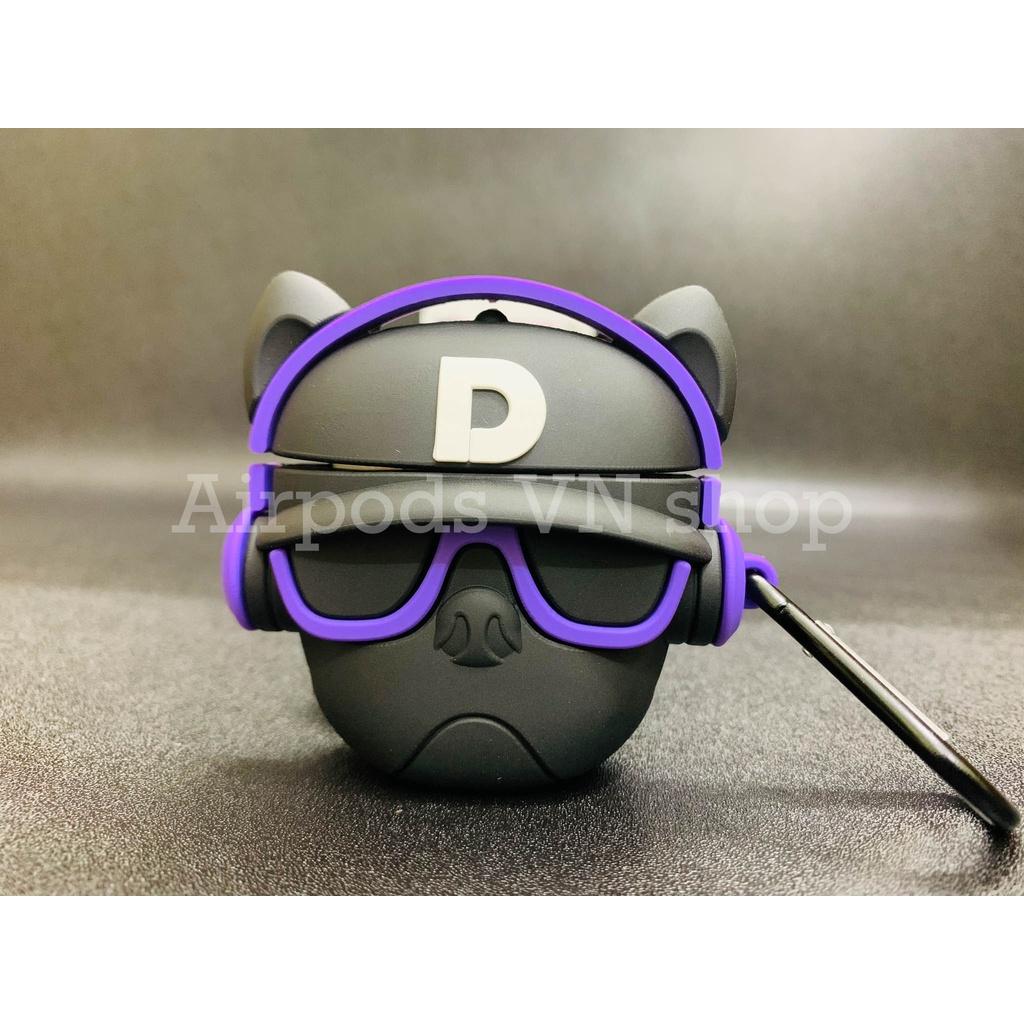 Bao Case Ốp dành cho Airpods 1/2 & Airpods Pro bulldog mang headphone tím siêu chất silicon cao cấp