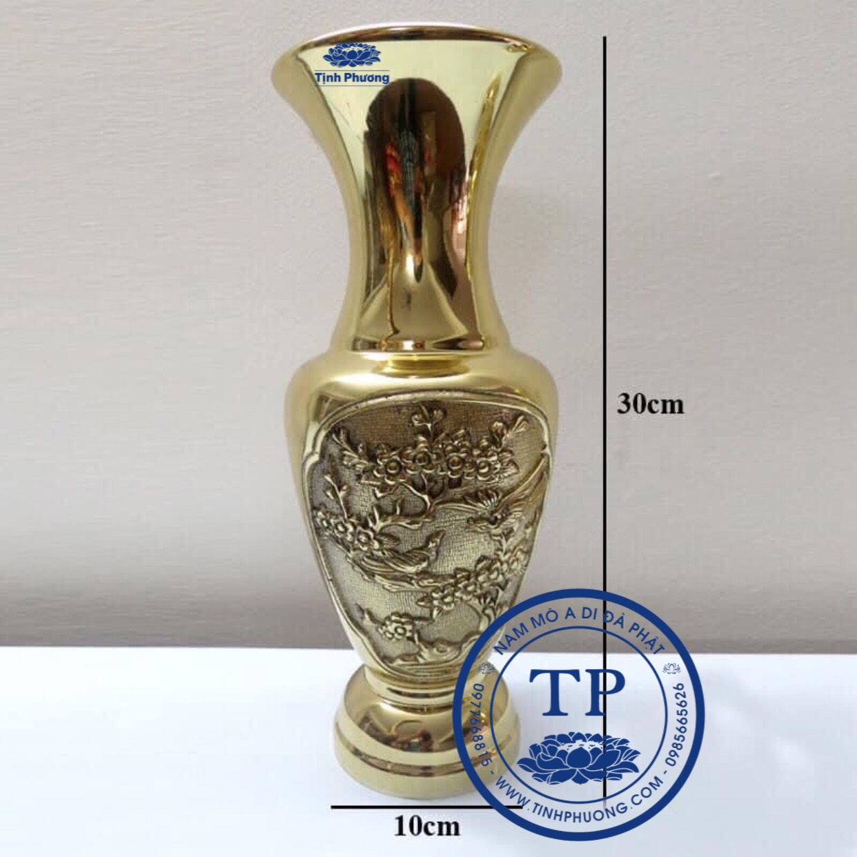 LỌ HOA LỤC BÌNH ĐỒNG CHẠM TRỔ HOA CÚC, HOA MAI, VÀNG BÓNG CAO 30CM KH12129