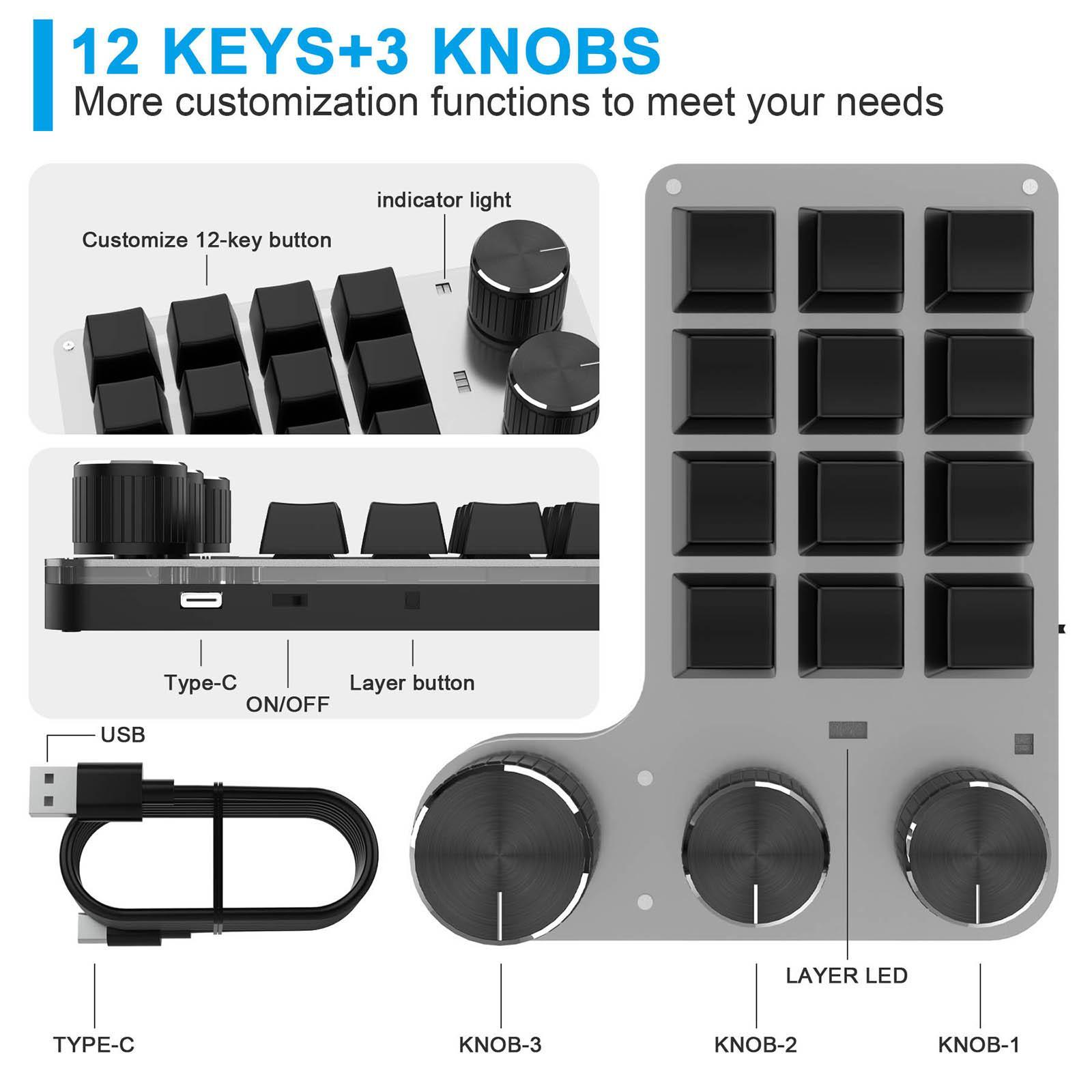 Portable Digital Keyboard Wireless 9 Keys 3 Knob Number Pad RGB for PC