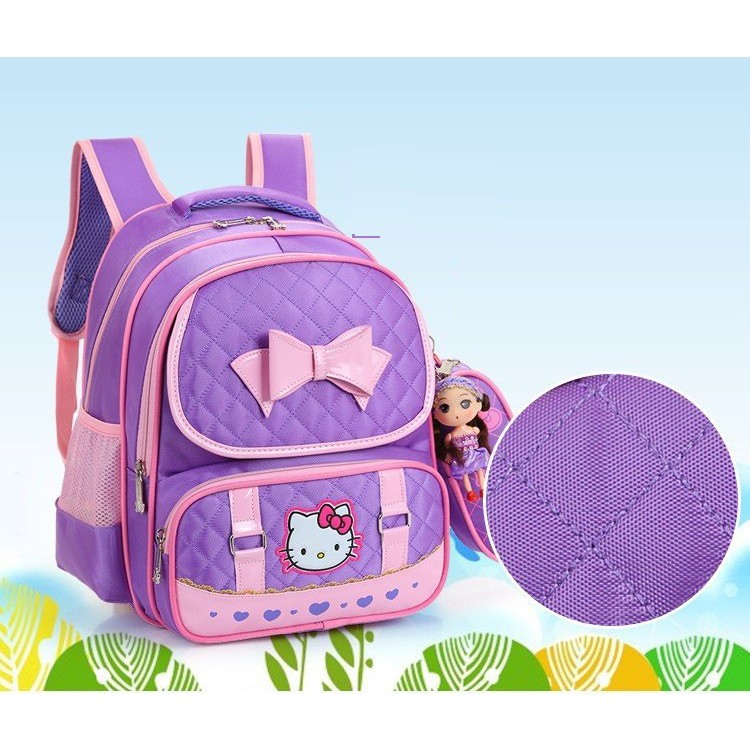 Balo đi học cấp 1 cho bé gái hình Hellokitty tặng kèm hộp bút và búp bê đáng yêu
