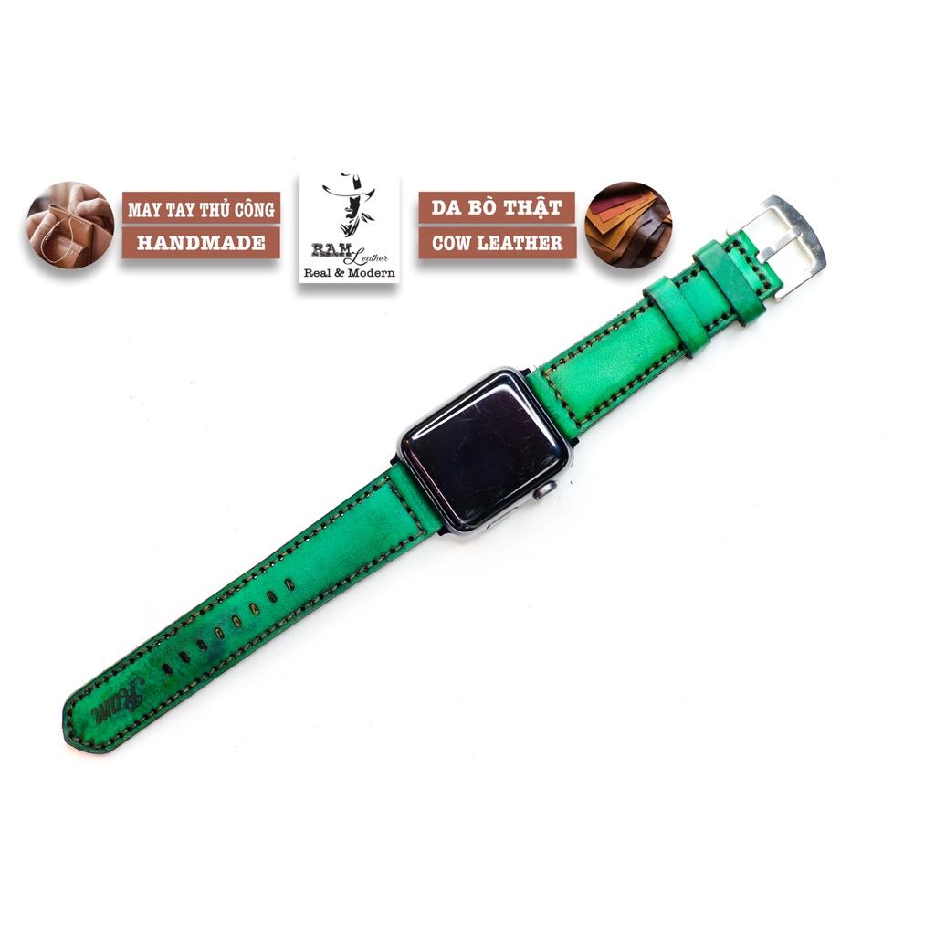 Dây đồng hồ da bò thảo mộc vegtan xanh ngọc handmade bền chắc RAM