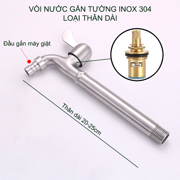 Vòi nước lạnh bằng inox 304 gắn tường thân dài 20cm-25cm tùy chọn (DN15 lắp cho ống D21)