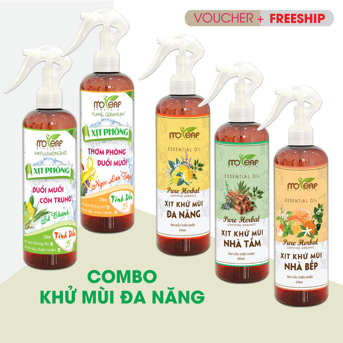 [COMBO 5 Xịt KHỬ MÙI ĐA NĂNG Moleaf] NHÀ BẾP, NHÀ TẮM, ĐUỔI MUỖI - Tinh Dầu Cam ngọt, Vỏ Bưởi, Oải Hương, Bạc Hà, Bạch Đàn Chanh, Long Não, Quế, khử mùi sát khuẩn ẩm mốc, không gian Bếp, Nhà Tắm hương thơm mát nhẹ