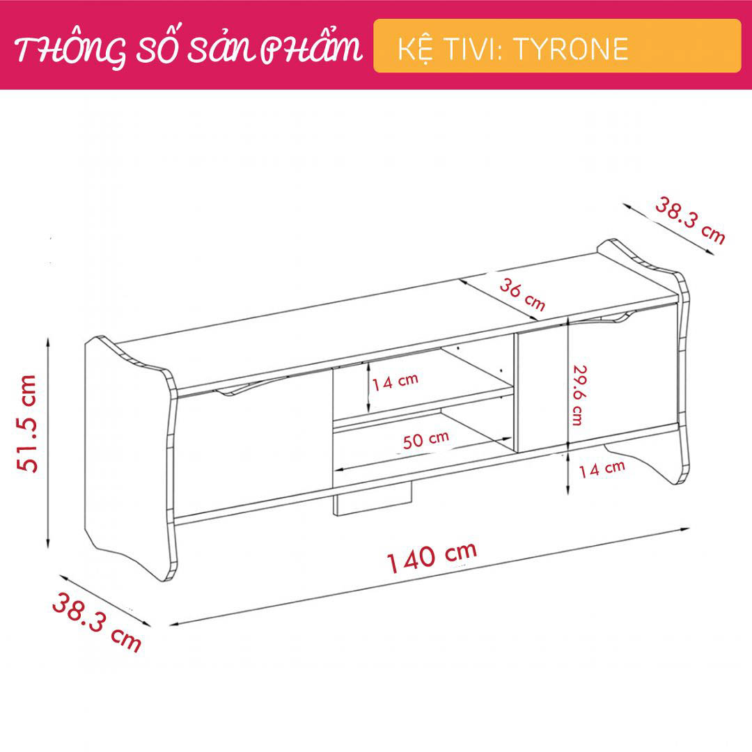 Kệ tivi gỗ hiện đại SMLIFE Tyrone | Gỗ MDF dày 17mm chống ẩm | D140xR38.3xC51.5cm