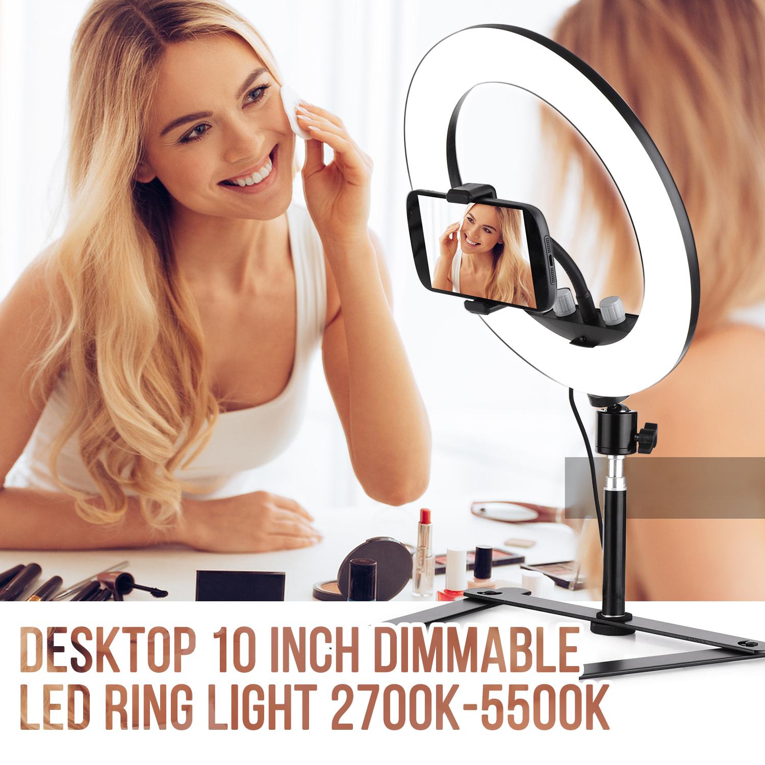 Đèn chụp ảnh 10 inch LED Ring Light 2700K-5500K Có thể thay đổi độ sáng 10W 5V USB được hỗ trợ với giá đỡ điện thoại có chân đế để bàn