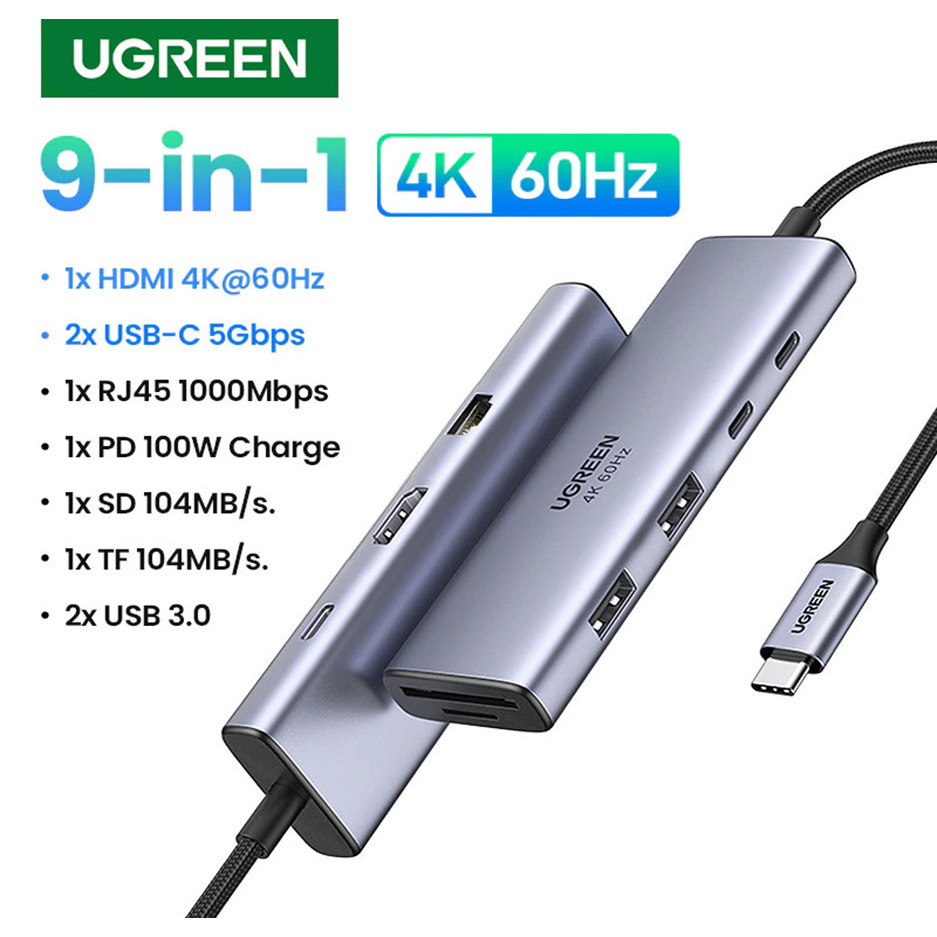 Hub USB-C 9 in 1 Ugreen 15375 CM498 HDMI 4K 60Hz, RJ45 1Gbps, USB 3.0, SD TF with PD 100W hàng chính hãng