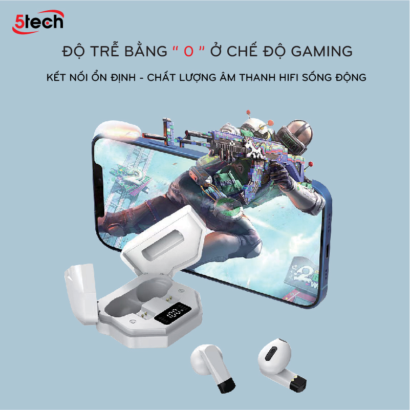 Tai nghe bluetooth 5TECH không dây hàng chính hãng, tai phone nhét tai TWS 5.0 kết nối nhanh, ổn định, màn hình LED nghe nhạc chơi game âm thanh cực đỉnh