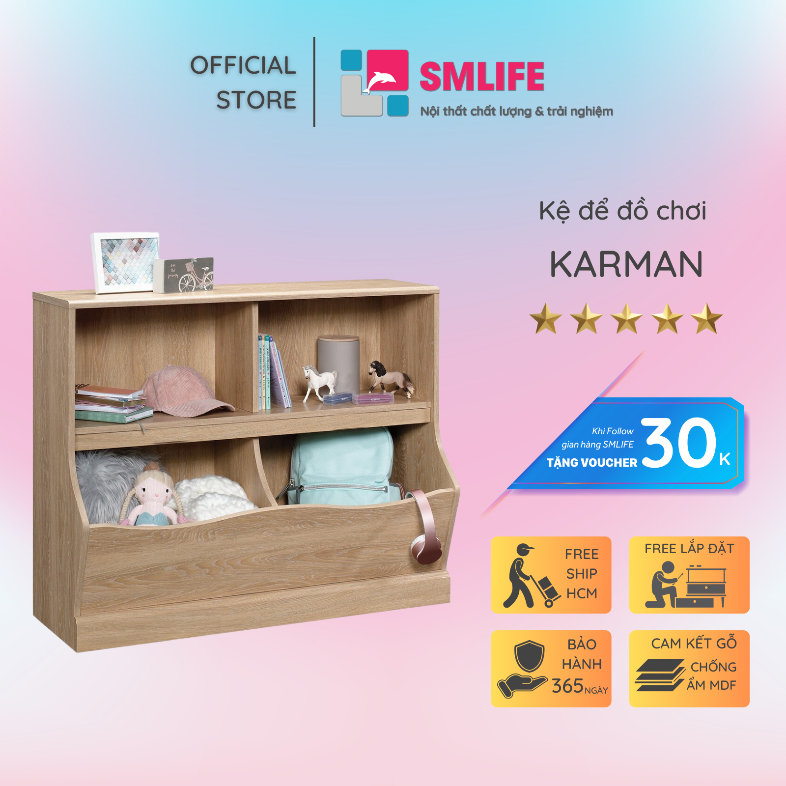 Kệ để đồ chơi cho bé SMLIFE Karman | Gỗ MDF dày 17mm chống ẩm | D100xR40xC85cm