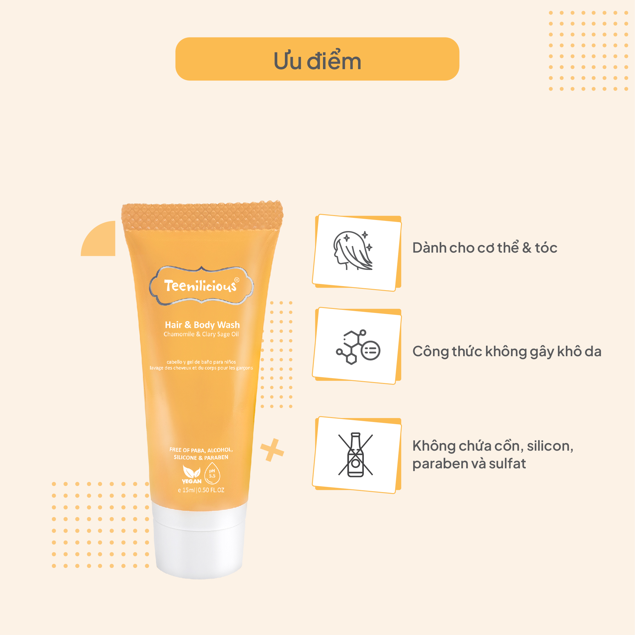 [Mini Size] Sữa Tắm Gội Toàn Thân Chiết Xuất Hoa Cúc Và Xô Thơm Teenilicious Hair &amp; Body Wash Chamomile &amp; Clary Sage Oil 15ml - Làm Sạch Bụi Bẩn Trên Da Và Tóc. Giúp Làm Đẹp Da Và Dưỡng Body