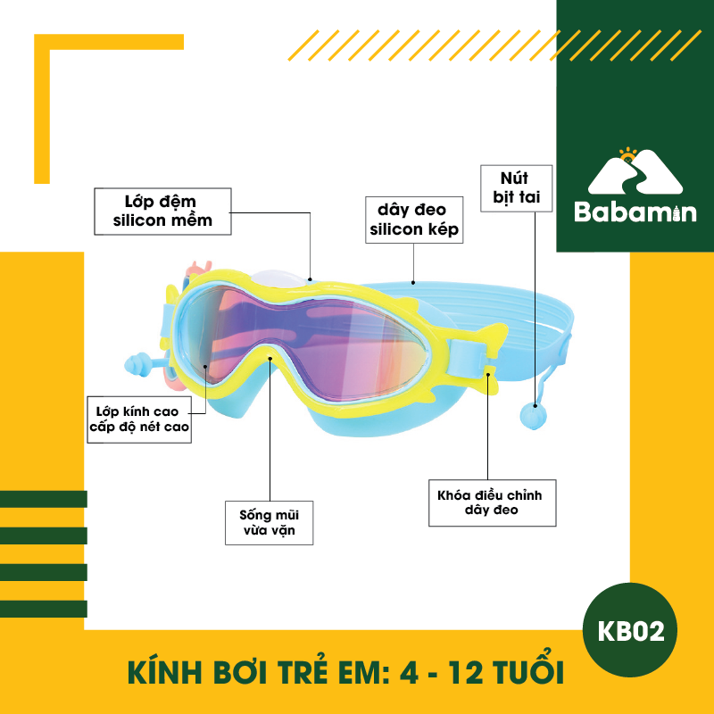 Kính Bơi Trẻ Em 4 đến 12 Tuổi Tráng Gương - Chống Chói, Có Bịt Tai, Tầm Nhìn Rộng – Babamin - KB02