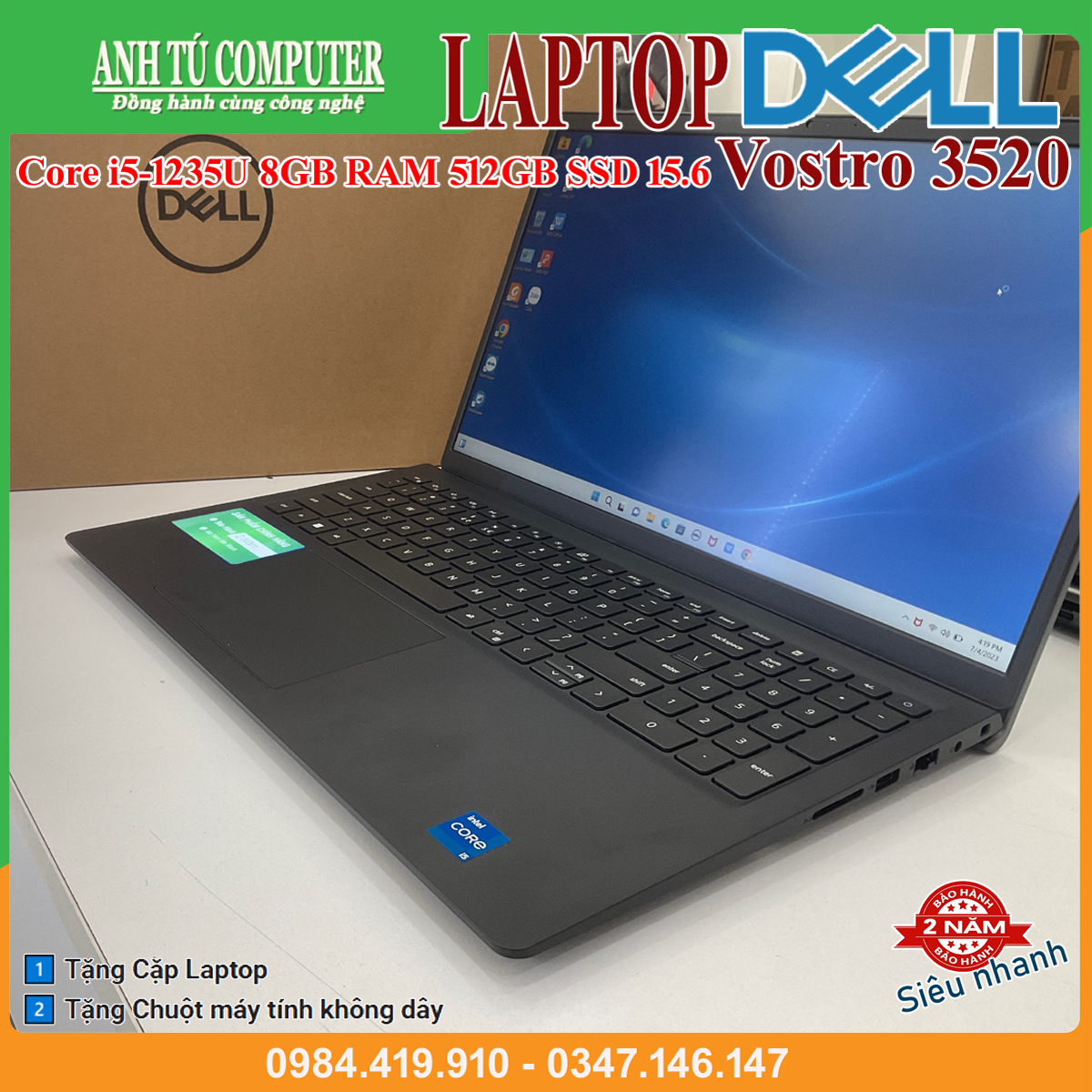 Laptop Dell Vostro 3520 Core i5-1235U 8GB RAM 512GB SSD 15.6″ FHD Black Hàng chính hãng