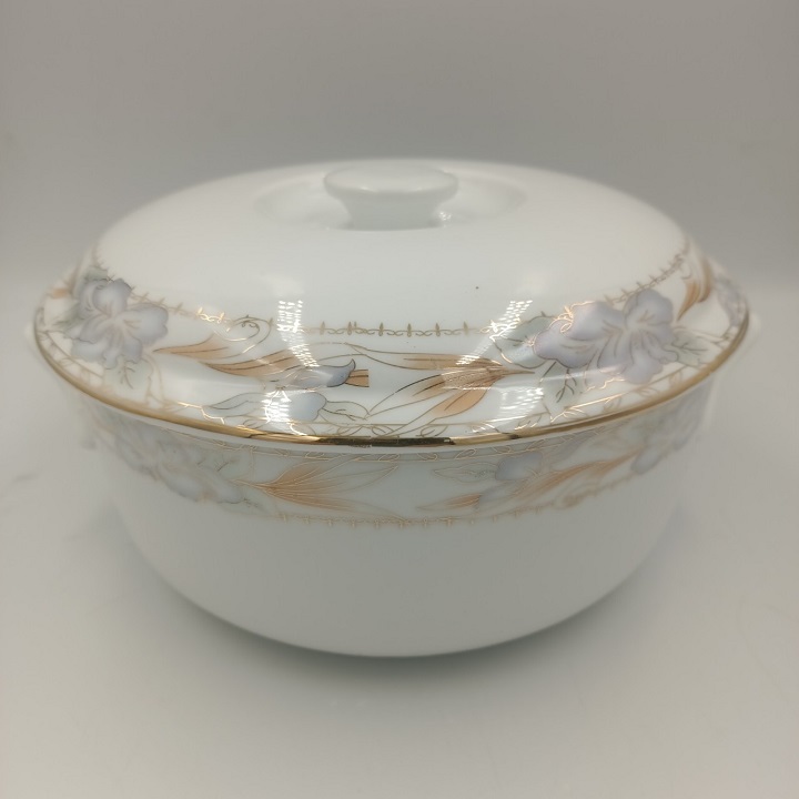 Âu sứ 2 tai có nắp nắp đậy decor hoa dây viền vàng cao cấp