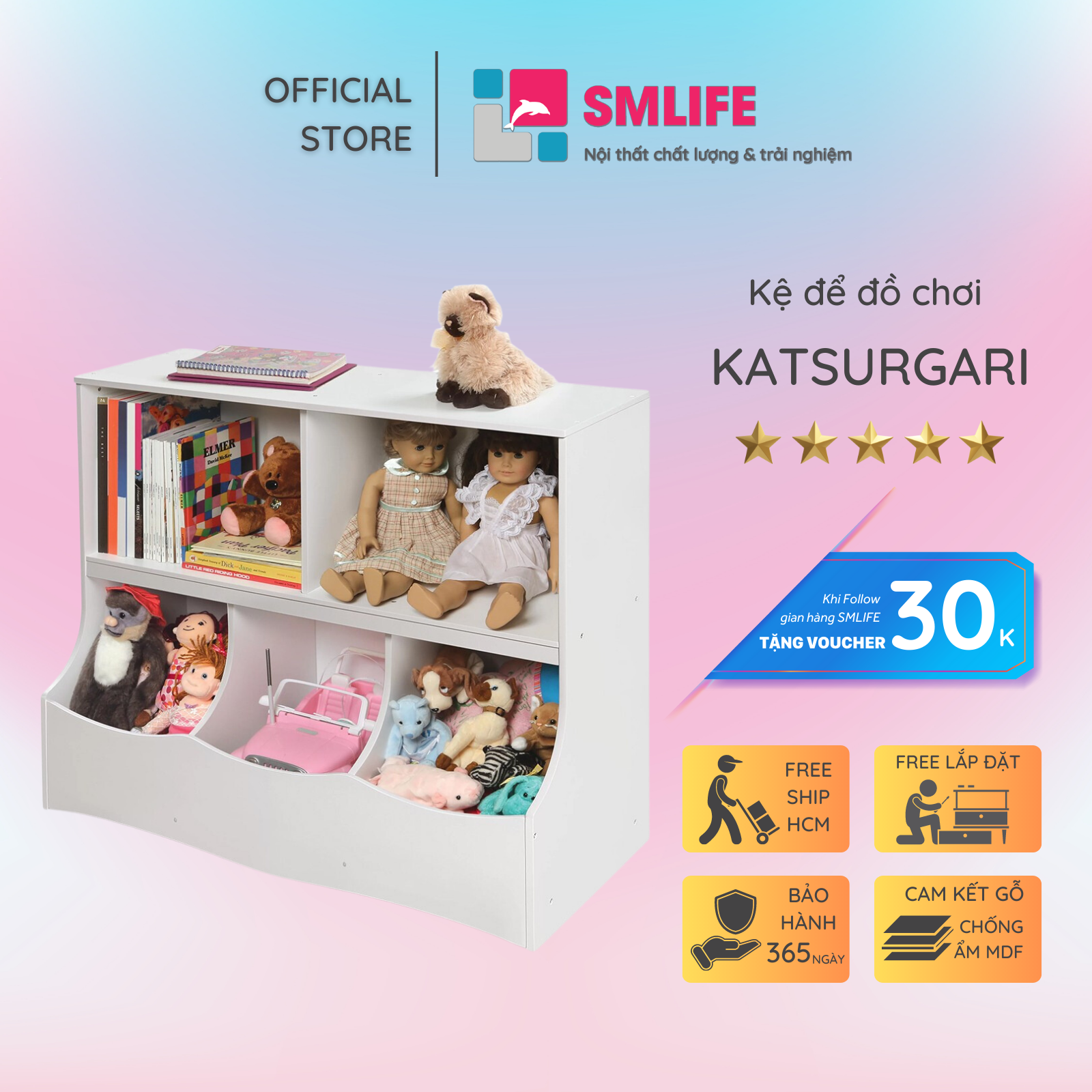 Kệ để đồ chơi cho bé SMLIFE Katsuragi | Gỗ MDF dày 17mm chống ẩm | D95xR40xC80cm