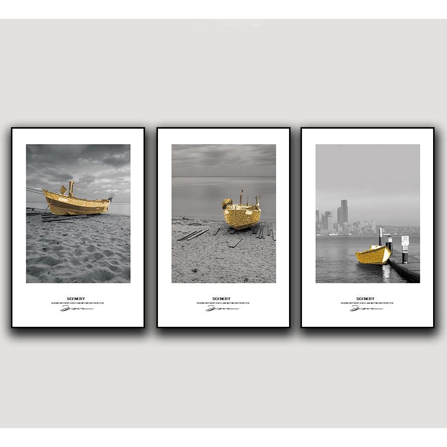Bộ tranh khung canvas treo tường thuyền vàng