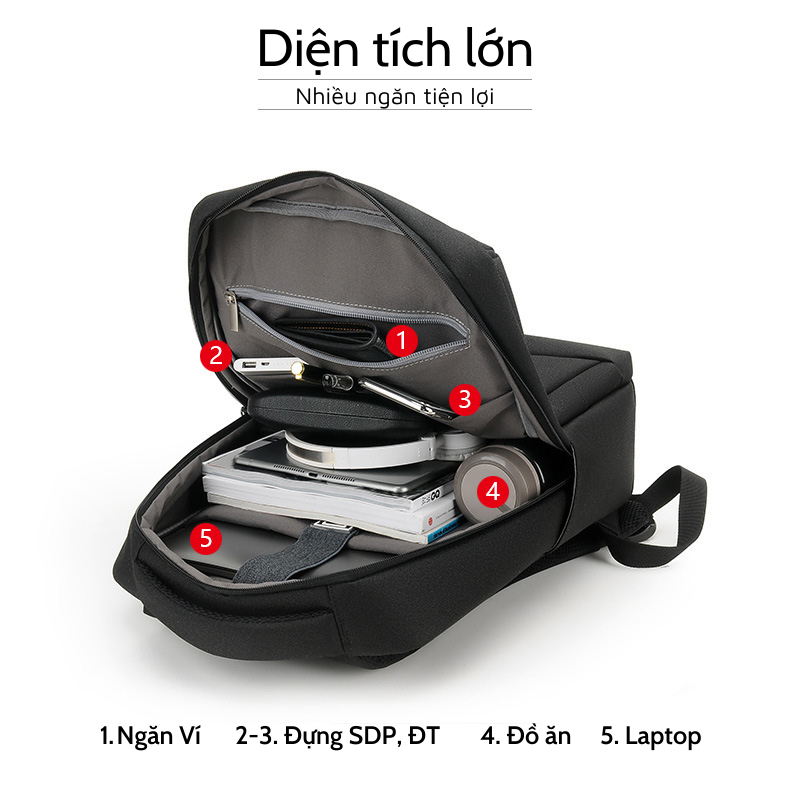 Balo laptop có cổng sạc USB, vải thoáng chống nước màu đen