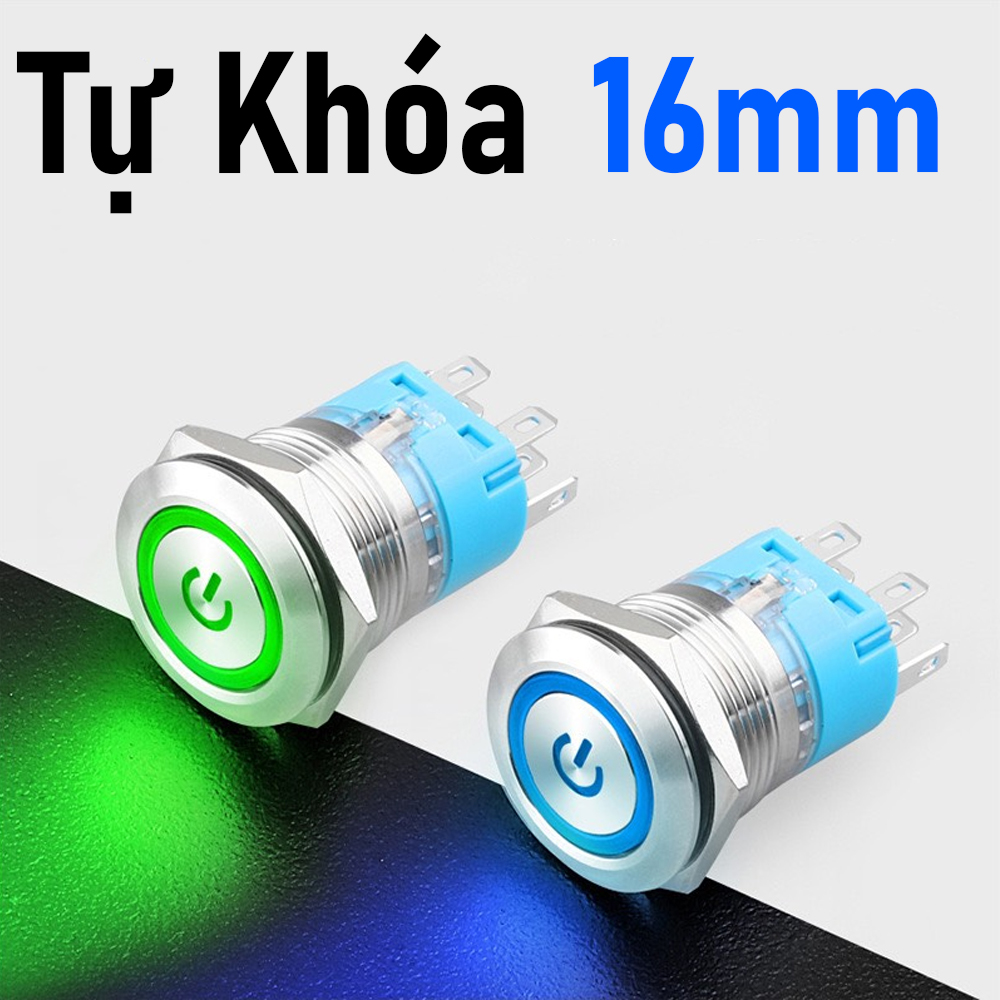 Nút Nguồn Inox Led, Công Tắc Nhấn Tự khóa 16mm Có biểu tượng Power