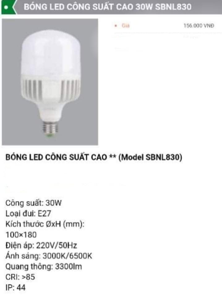 Bóng led trụ công suất cao 30W SBNL830 có ánh sáng VÀNG 3000K