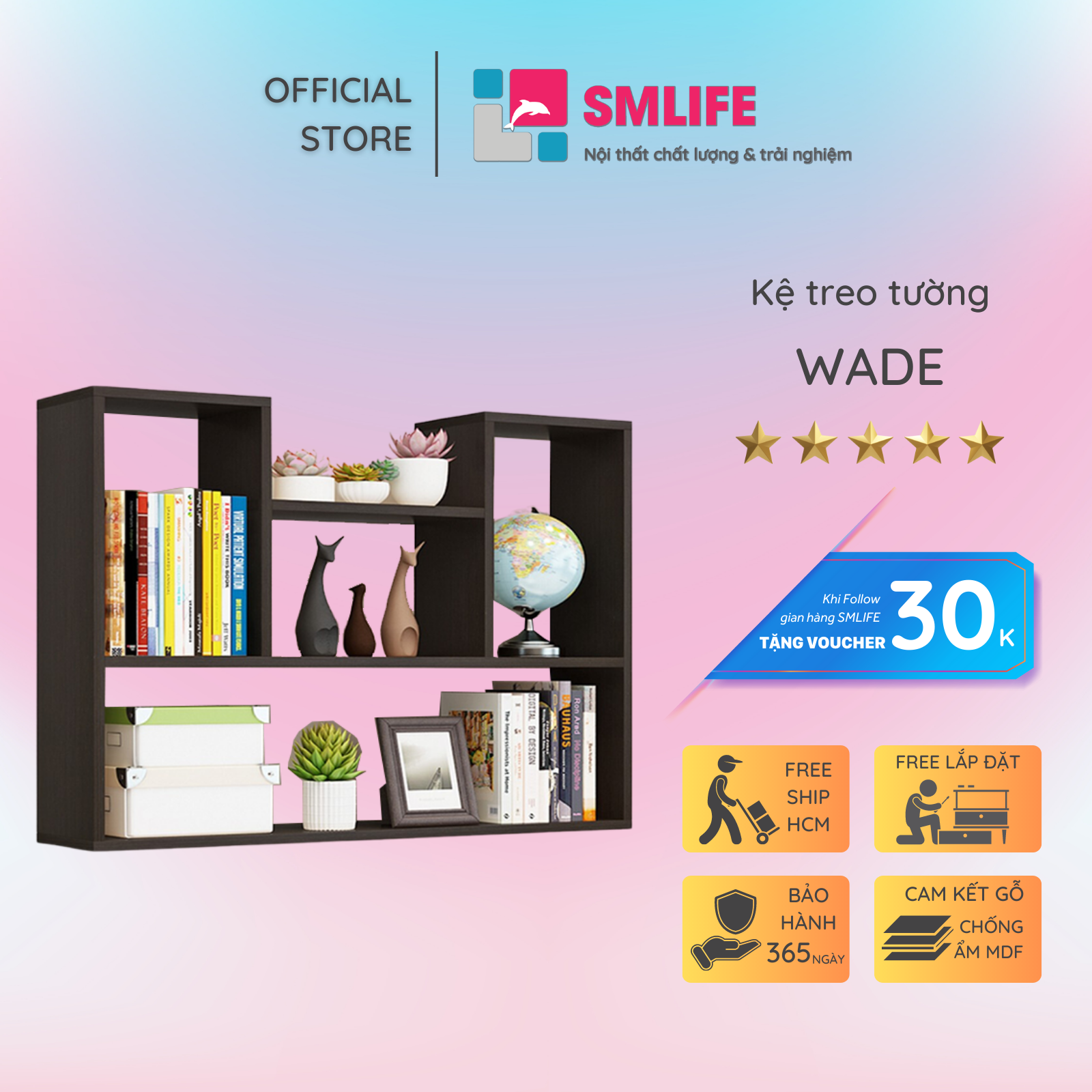 Giá sách treo tường gỗ công nghiệp SMLIFE Wade