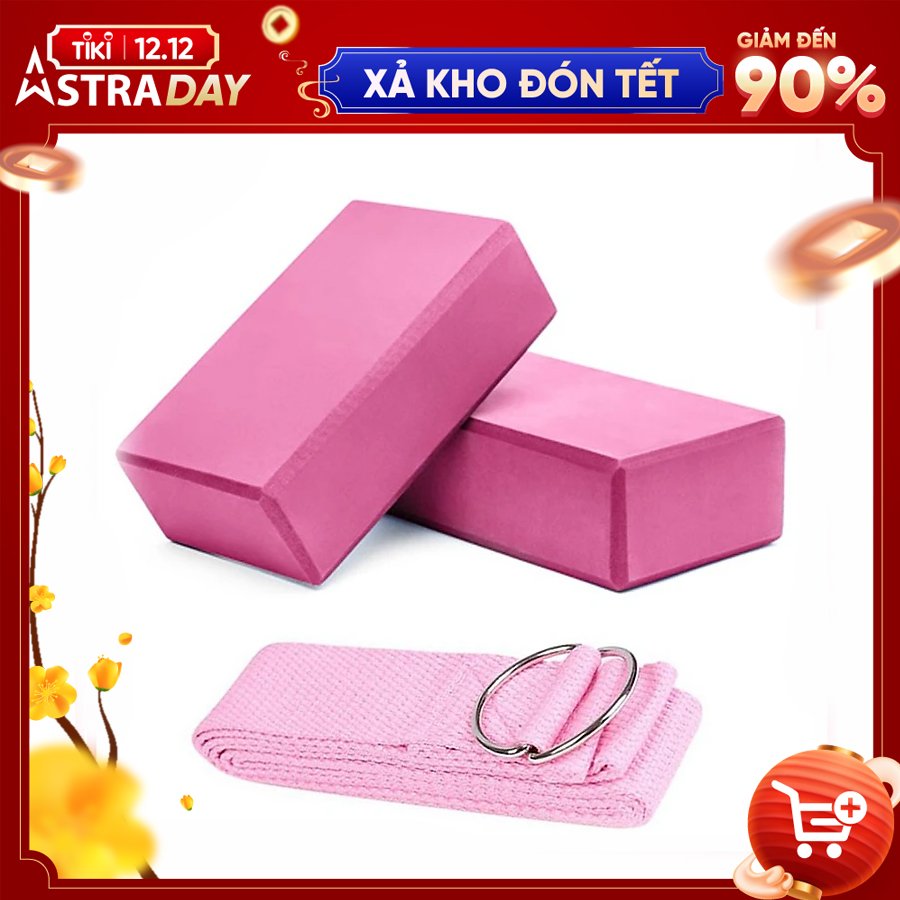 Combo 3 dụng cụ hỗ trợ tập Yoga hiệu quả : 2 gạch trơn + 1 dây đai cotton
