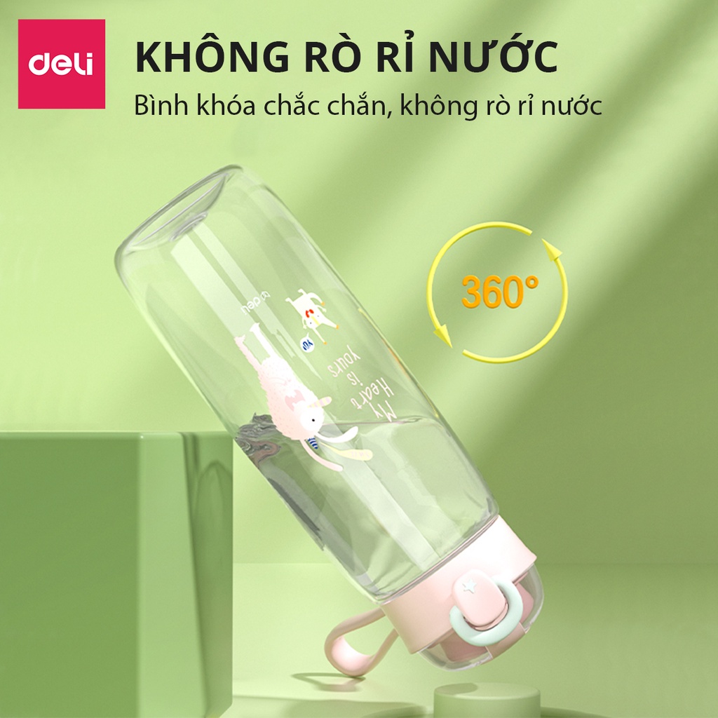 Bình Nước Bằng Nhựa Tritan Nắp Bật Có Khoá 480 600 ml Có Chia Vạch Nước Họa Tiết Dễ Thương Deli - BPA Free An Toàn Cho Sức Khỏe - Phù Hợp Bình Nước Thể Thao Cho Bé Tới Trường - 17661 17662