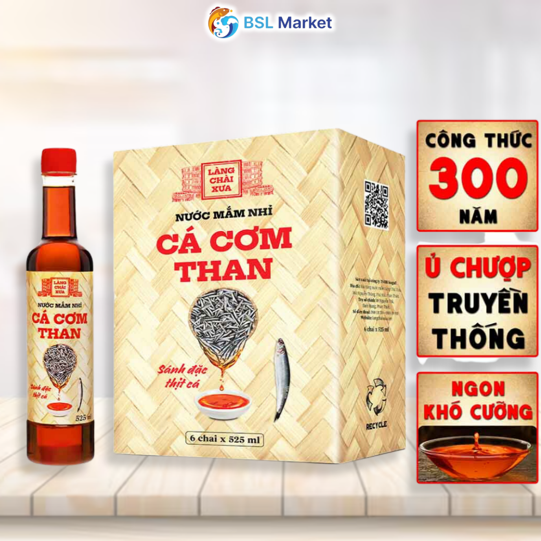 Đặc Sản Phan Thiết - Thùng 6 Chai Nước Mắm Nhỉ Cá Cơm Than Làng Chài Xưa 525Ml/Chai Sánh Đặc Thịt Cá 300 Năm Truyền Thống