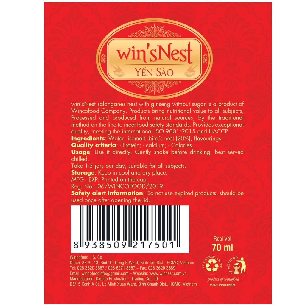 Combo 10 lọ Yến Sào Win'snest Tổ Yến Chưng Sẵn Nhân Sâm Không Đường 20% (70ml/ Lọ) thích hợp cho người lớn, người bệnh