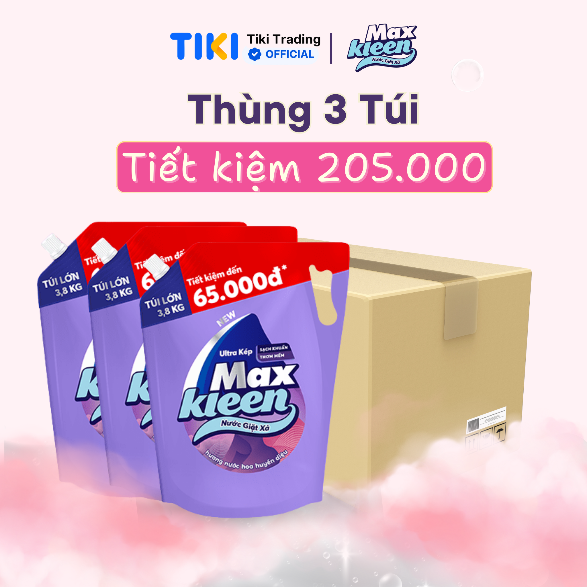 Thùng 3 Túi Nước Giặt Xả Maxkleen Hương Nước Hoa Huyền Diệu (3.8kgx3)