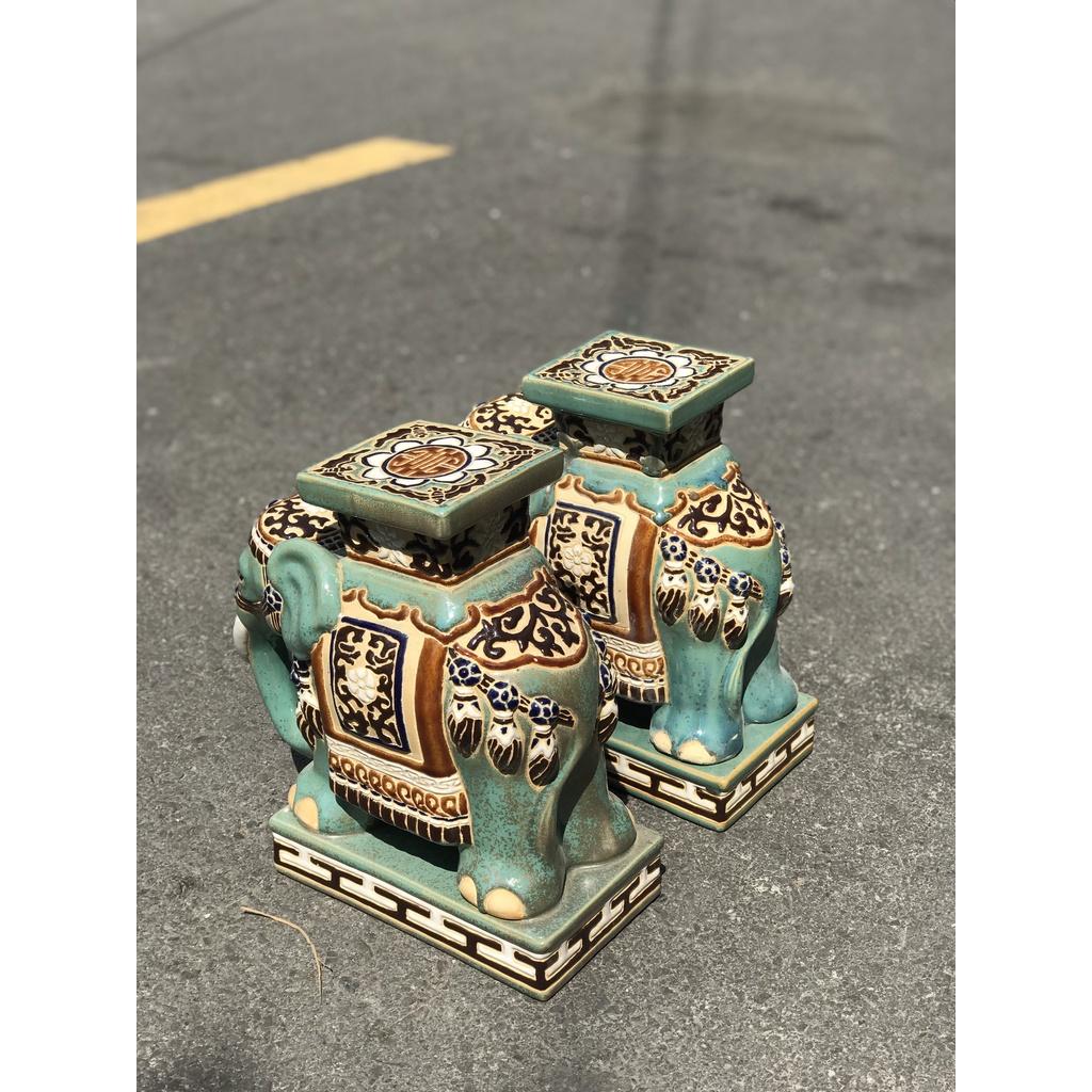 ĐÔN VOI GỐM SỨ TRANG TRÍ DECOR 30CM MEN XANH ĐỒNG TRỔ