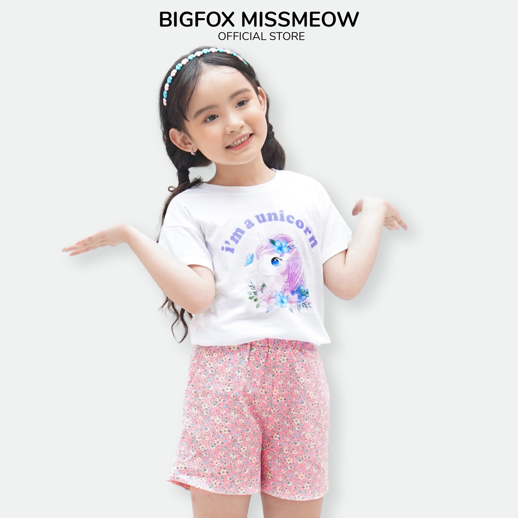 [TỪ 3-11 TUỔI (BF)] Bộ Quần Áo Bé Gái Bộ Cộc Tay Cho Bé Miss Meow Chất Cotton In Hình Unicorn, Size Đại