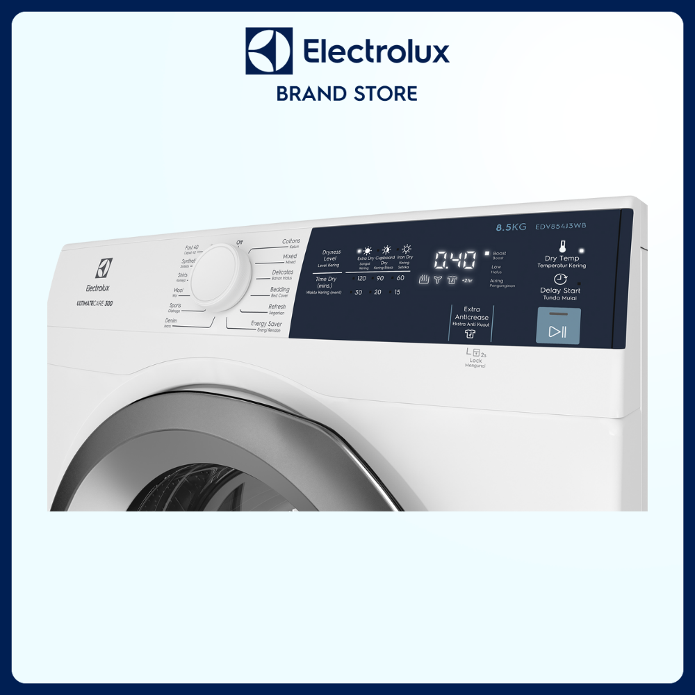 [Miễn phí lắp đặt] Máy sấy thông hơi Electrolux 8.5kg UltimateCare 300 - EDV854J3WB - Lồng giặt chuyển động luân phiên, giảm nhăn, giảm phai màu [ Hàng chính hãng]