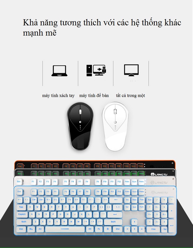 Combos Phím Kèm Chuột Wireless - Thiết kế sang trọng - Có đèn Led thu hút ánh nhìn - Sử dụng Đầu Thu USB