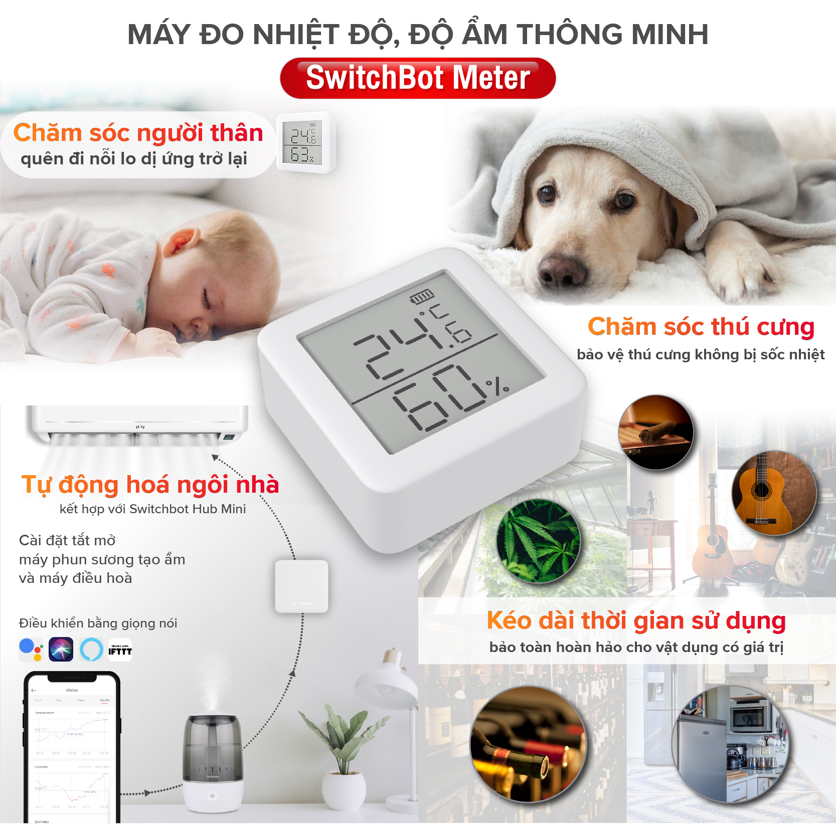 Máy đo nhiệt độ, máy đo độ ẩm thông minh SWITCHBOT Meter Hàng chính hãng - Cảm biến nhiệt thông minh bluetooth kết hợp SwitchBot Mini/ điều khiển bằng giọng nói qua Alexa, Google Home, HomePod, IFTTT