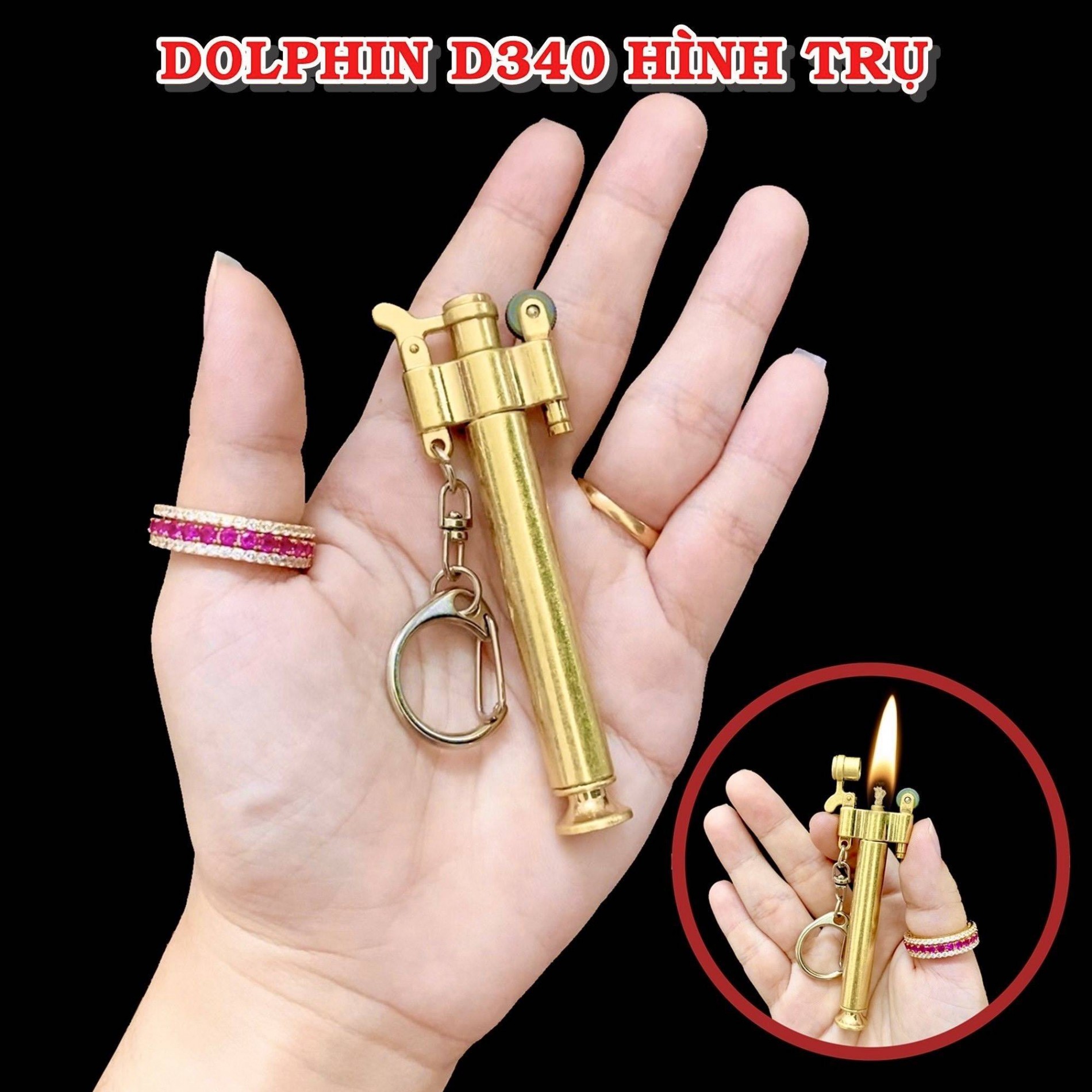 Hột quẹt bật lửa móc khóa Dolphin xăng đá cổ hình trụ D340 kim loại - xài xăng