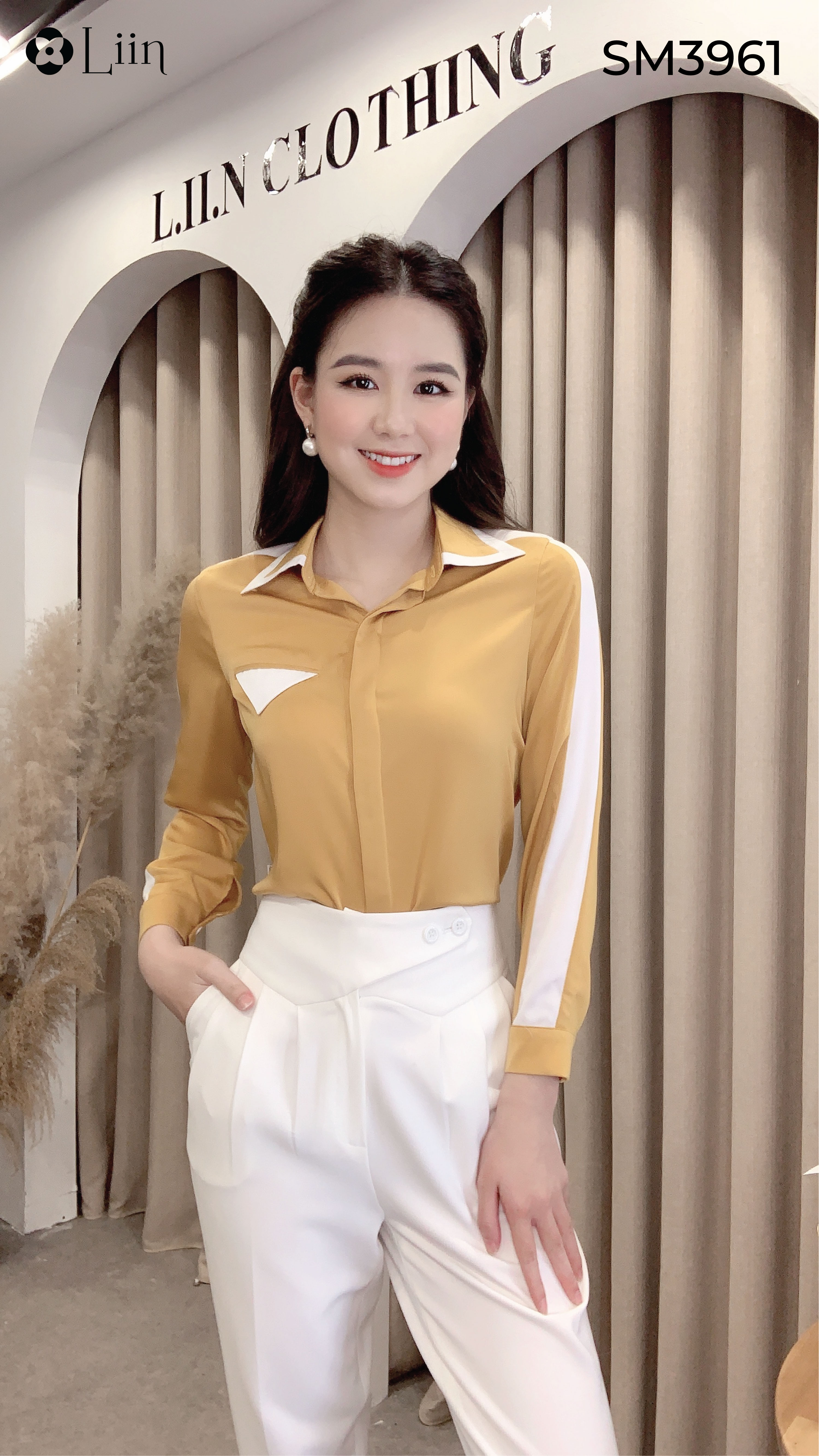 Áo sơ mi dài tay màu vàng mix viền trắng chất lụa đẹp, kiểu giấu cúc thanh lịch LINBI SM3961