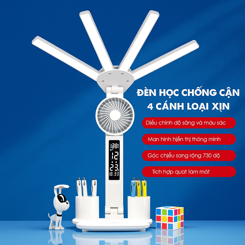 Đèjn Học Chống Cận Đa Chức Năng – 4 Cánh LED, Đồng Hồ, Hộp Bút, Quạt Siêu Mát