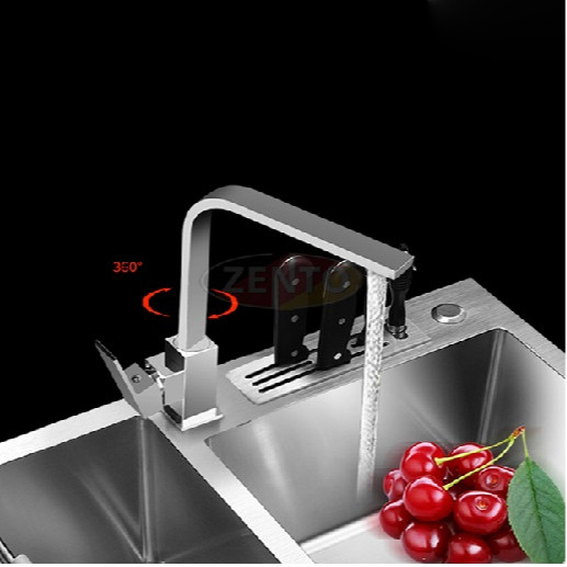 Combo chậu rửa chén bát inox 8245 hai hố cân, vòi rửa bát nóng lạnh Vuông, bình xà phòng, rá inox gác chậu