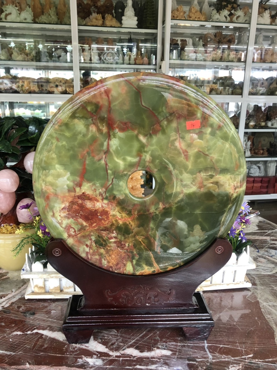 Đồng điếu phong thủy đá ngọc Onyx xanh đậm - Đường kính 35 cm