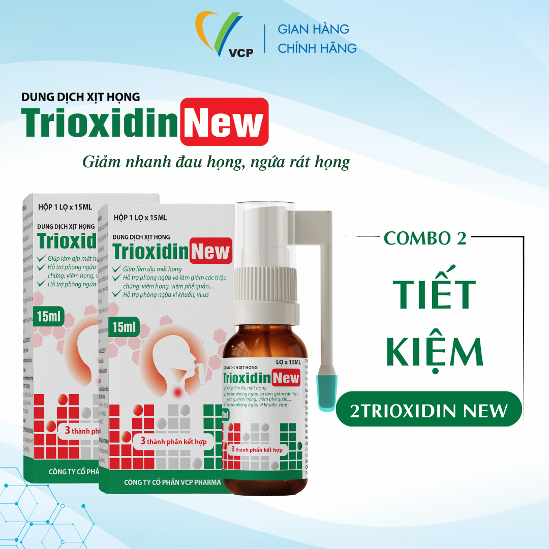 Combo 2 Chai Xịt Họng Trioxidin New VCP Pharma -Hỗ Trợ Giảm Nhanh Đau Họng, Ngứa Rát Họng - Chai 15ml