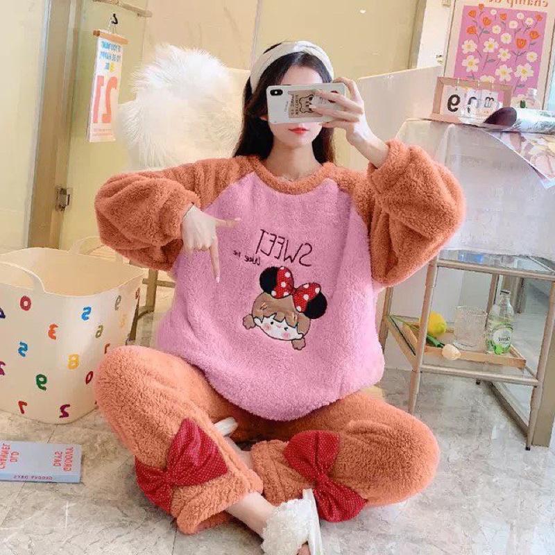 Bộ ngủ, mặc nhà lông cừu 2 mặt mềm mại hình cô gái dễ thương