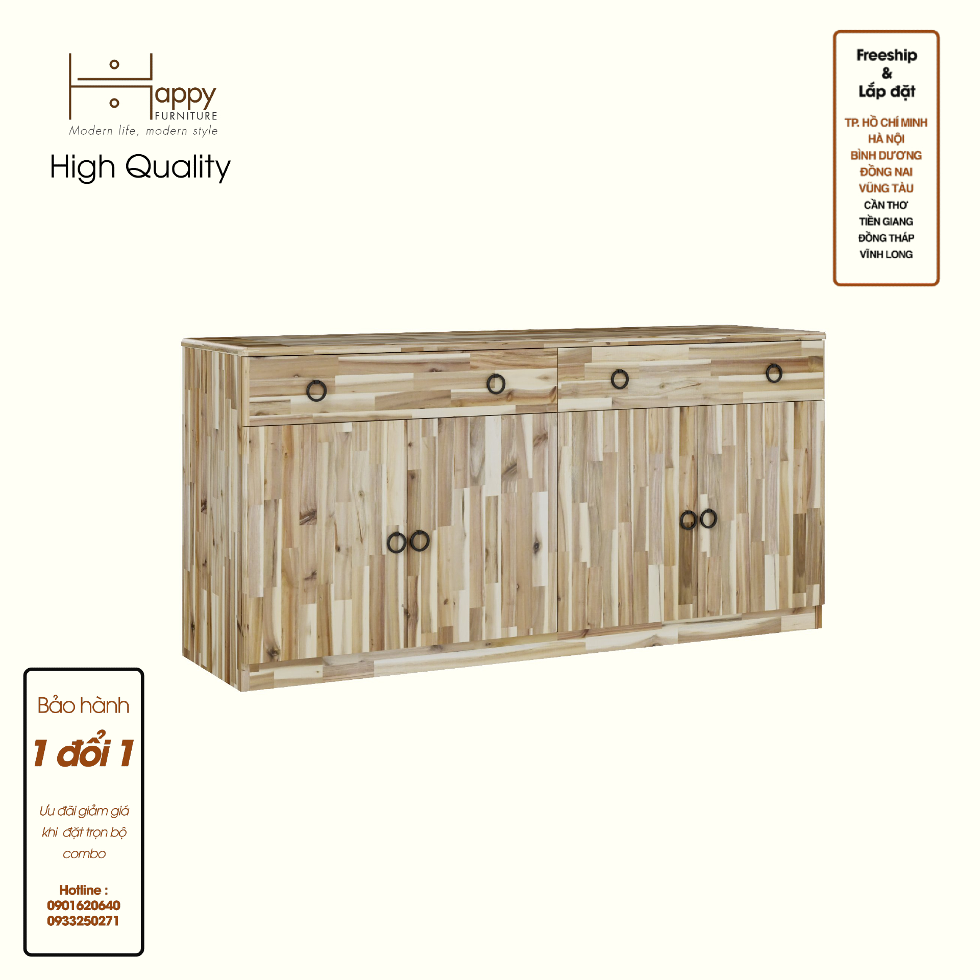 Hình ảnh HAPPY FURNITURE , Gỗ tự nhiên , Tủ lưu trữ 4 cửa mở 2 ngăn kéo - YANNA , TLT_016_TRM , 140cm x 40cm x 68cm