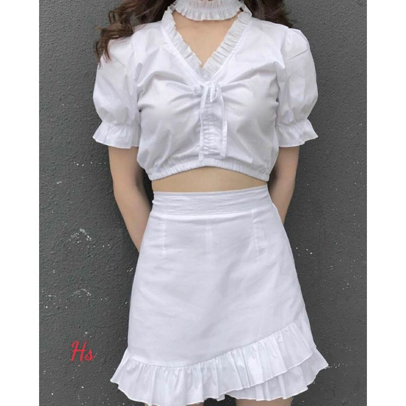 Bộ Chân Váy Áo Croptop Cổ V Dây Rút Set Váy Áo Dáng Ngắn Trắng Chất Đũi X017