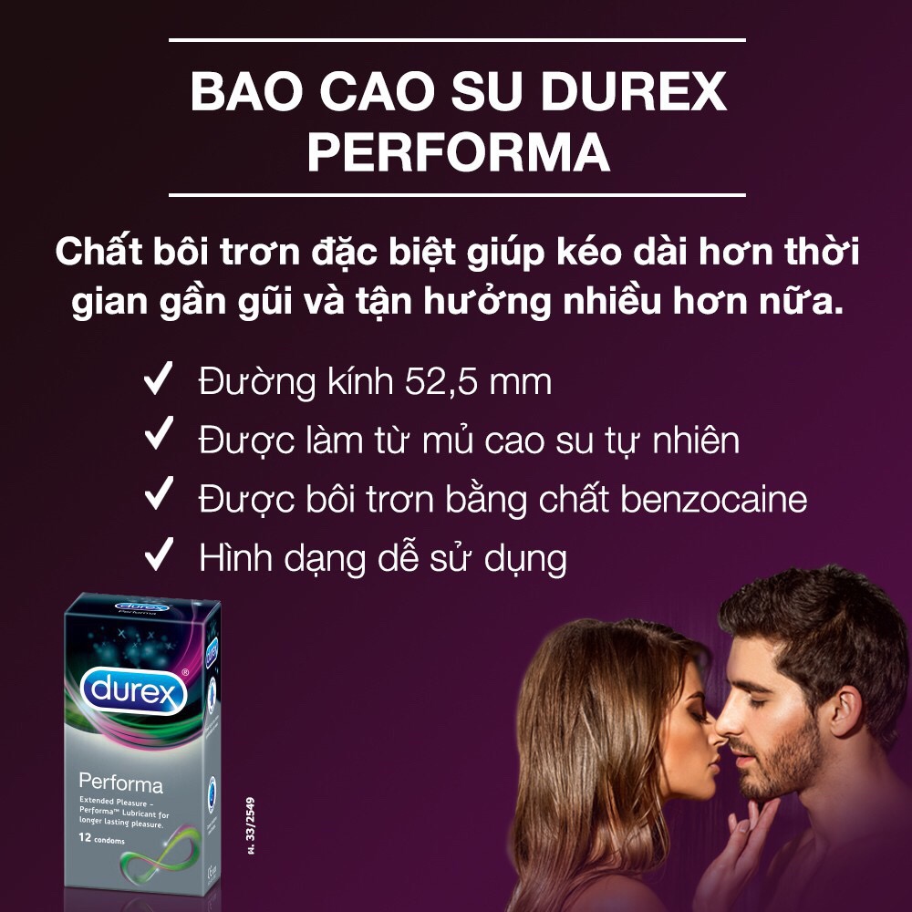 Bao cao su Durex Performa 12 bao / hộp  +Tặng 1 bao cao su INNOVA Siêu gai