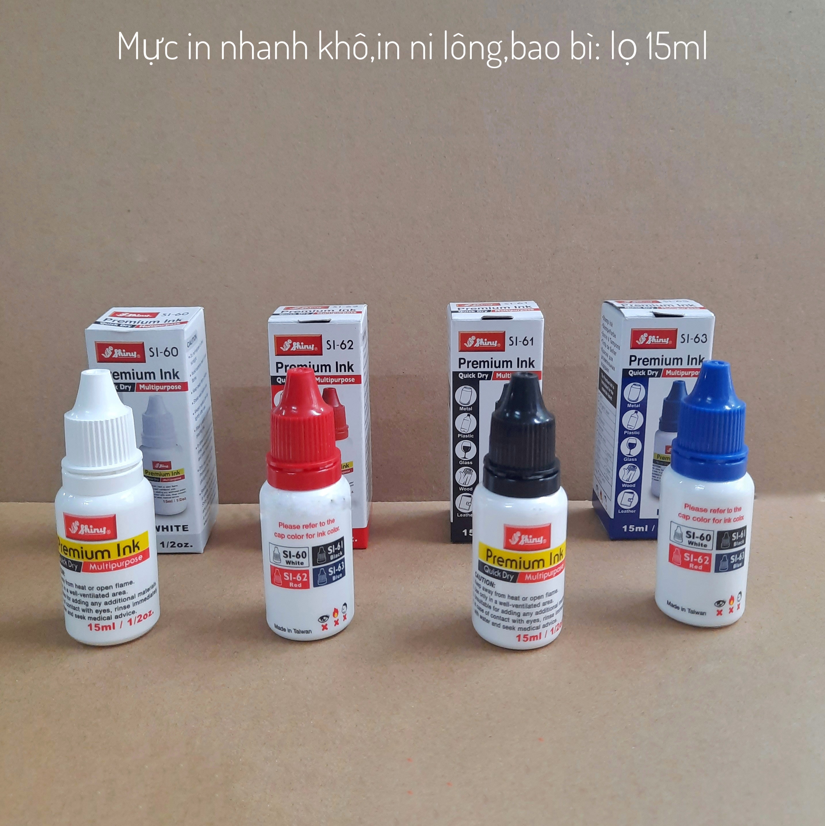 Mực dấu in ni lông,bao bì.in nhanh khô mọi chất liệu shiny (lọ 15ml)