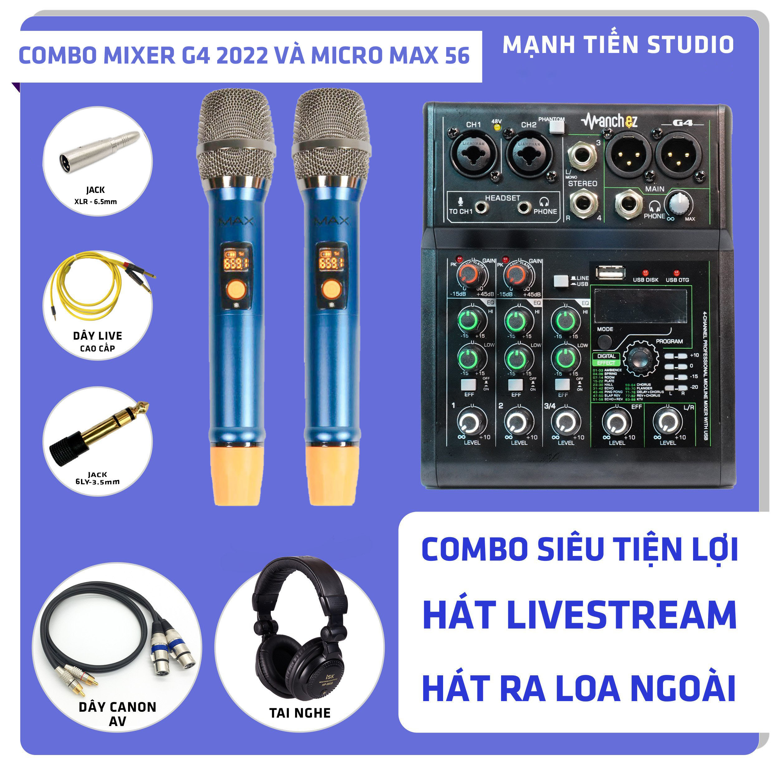 Combo Micro Max 56, Mixer G4 2022 - Vừa thu âm vừa hát ra loa - Kèm full phụ kiện tai nghe ISK HP-960B, dây live cao cấp, dây kết nối - Hỗ trợ thu âm, livestream, karaoke gia đình - Hàng nhập khẩu