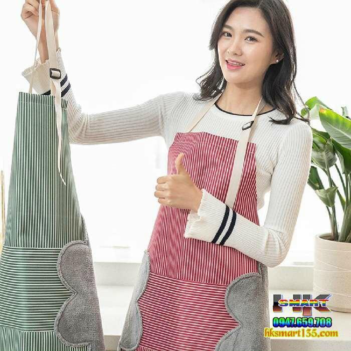Tạp dề kẻ hoa có khăn lau tay bên hông, tạp dề nội trợ chống thâm nước