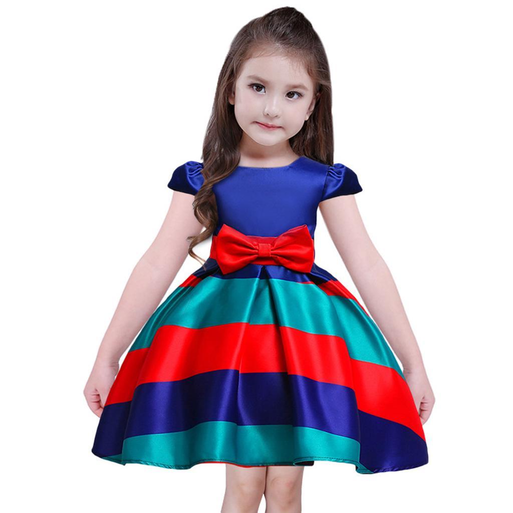 Fashion Flower Girl Dress Red Blue Stripes Bow Wedding Bridesmaid Birthday Pageant Formal Short Sleeve Dresses 3-10 Years